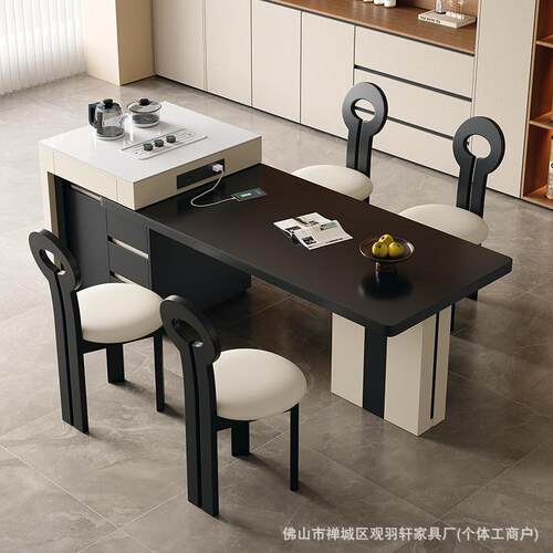 意式新款轻奢岩板岛台餐桌一体简约家用小户型多功能伸缩泡茶饭桌