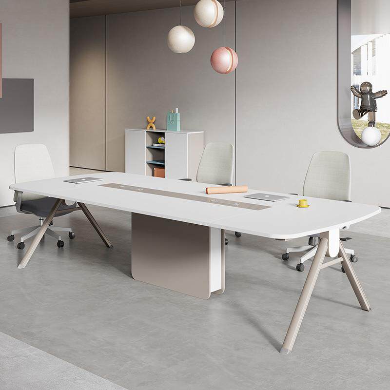 简约现代白色会议室会议桌长桌6-10人椭圆型办公室洽谈桌桌椅组合