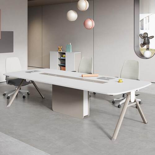 简约现代白色会议室会议桌长桌6-10人椭圆型办公室洽谈桌桌椅组合