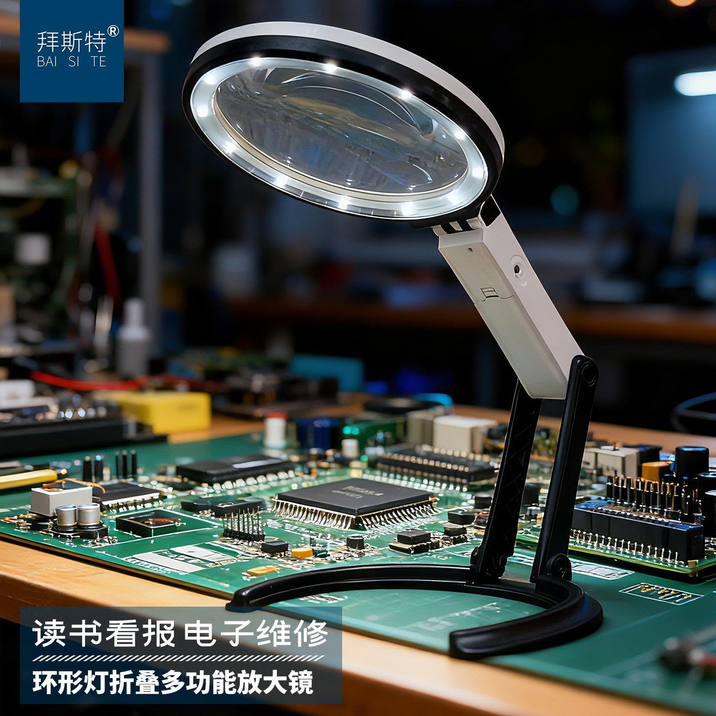 折叠30倍台式放大镜维修雕刻手工DIY老人阅读手持带灯led便携式