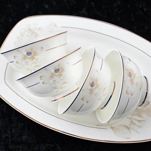 唐山骨瓷饭碗家用陶瓷碗碟套装吃饭碗盘餐具组合米饭高脚碗10个装