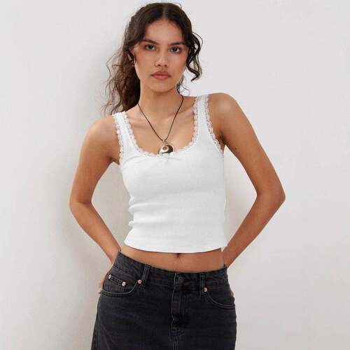 Women's Crop Tank Tops Slim Fit Scoop Neck Backless Lace