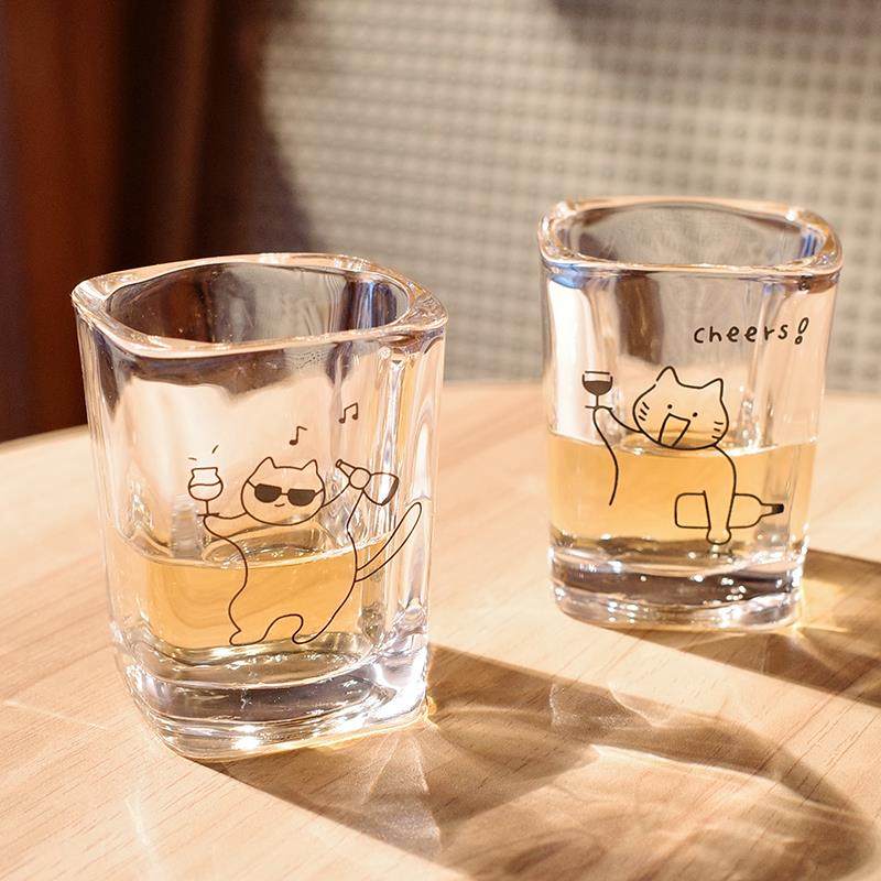 干 干杯!好看的简笔画 画小猫玻璃小白酒杯一口迷你小烧酒杯清酒