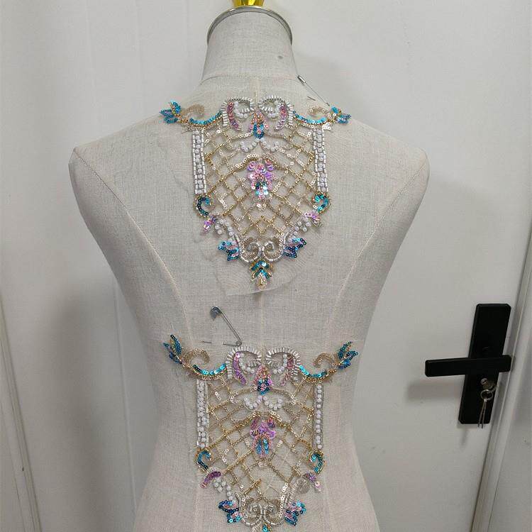重工刺绣蕾丝花贴蓝金色珠子亮片珍珠布贴婚纱礼服秀禾DIY新品