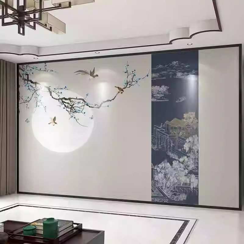 背景壁画墙工笔茶室厅布壁电视客厅花鸟中式酒店布新中餐宿沙发民