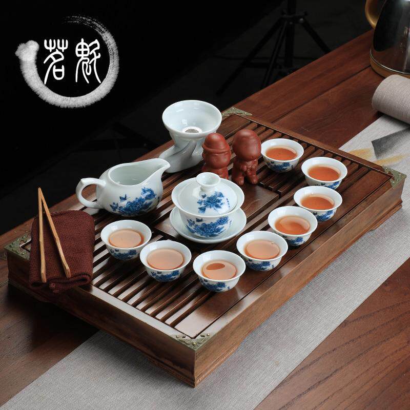 茶具茶盘套装陶瓷整套功夫茶具中式青花瓷盖碗白瓷茶杯实木茶海