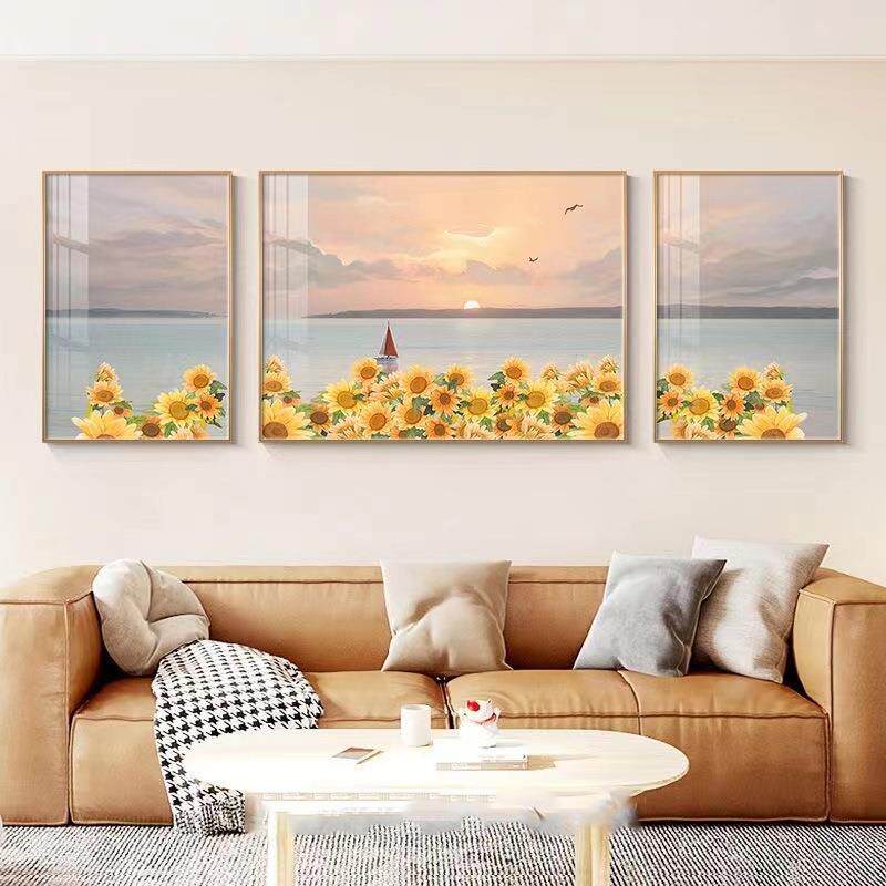 温馨花海沙发背景画现代简约三联画客厅装饰画挂画北欧风壁画