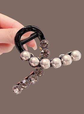 高档灰色水钻抓夹女中号精致发夹后脑勺优雅发卡高级感鲨鱼夹头饰