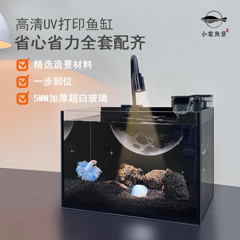 暗黑系鱼缸小型客厅星空创意造景斗鱼缸桌面超白玻璃免换水小鱼缸