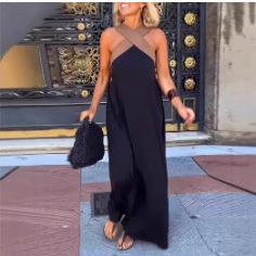 2025欧美时尚 拼色交叉肩带连衣裙 跨境新款