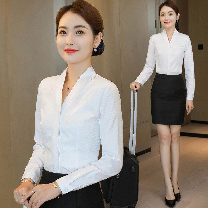 衬衫女长袖气质领职业装正装酒店前台美业餐饮服务员足浴工作服