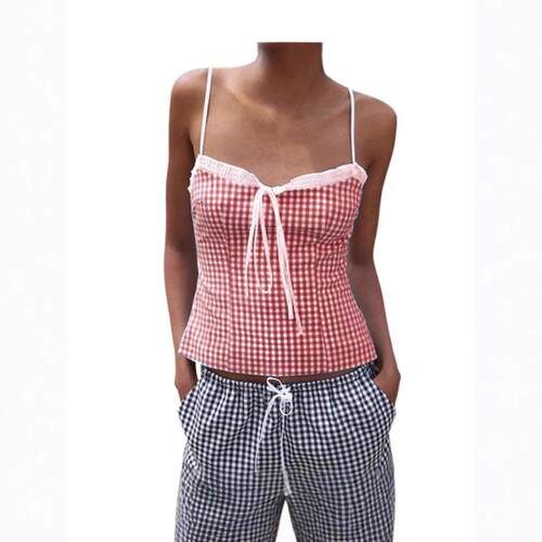 Womens Plaid Print Camisole Adjustable Spaghetti StrapFit