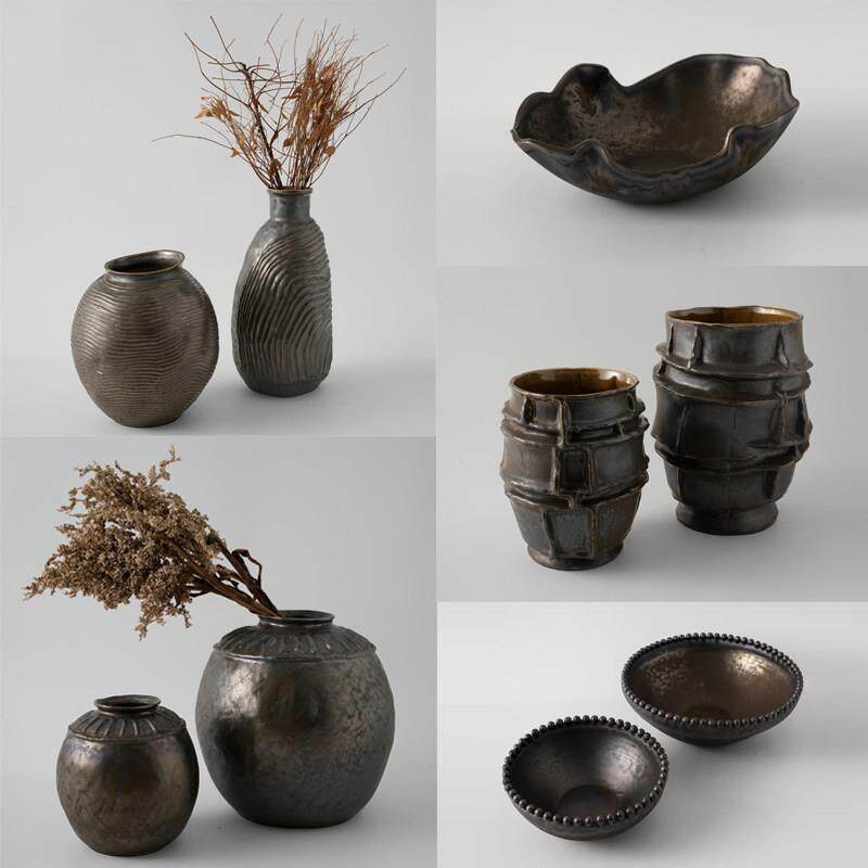 古铜色陶瓷花瓶复古做旧金属釉 桌面摆件装饰艺品新中式