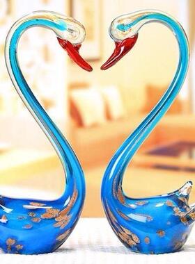 红色蓝色琉璃天鹅一对玄关家居摆件