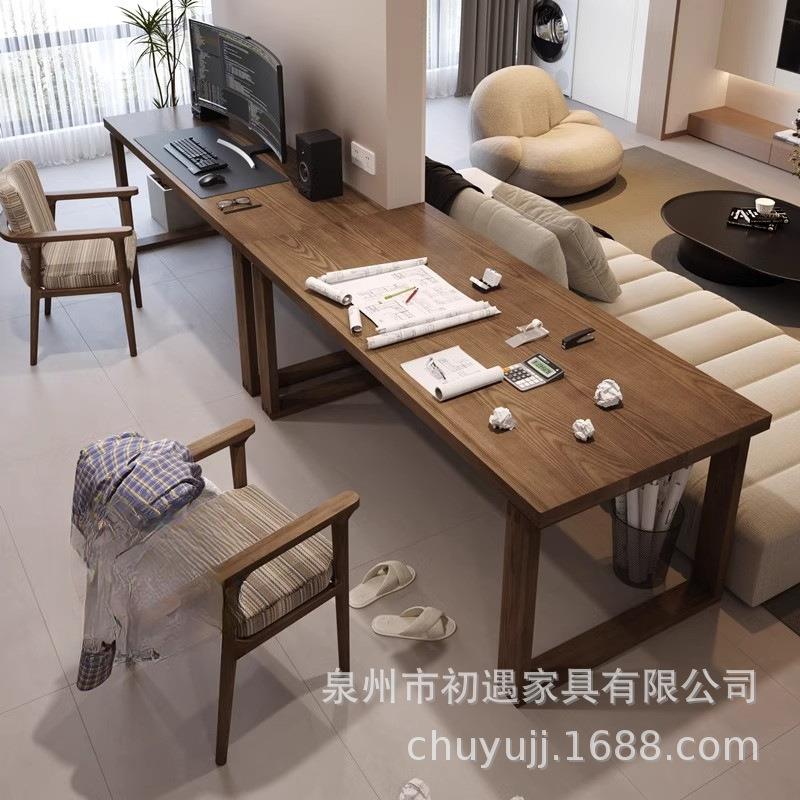 实木双人书桌简约电脑桌原木长条桌家用办公桌子工作台儿童学习桌