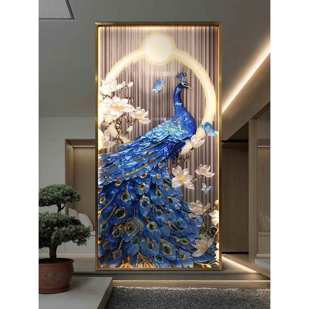 孔雀手绘玄关双面珐琅彩装饰画轻奢高端挂画客厅走廊餐厅入户壁画图片