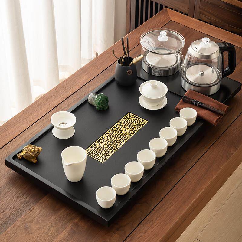 天然乌金石茶盘家用简约全自动烧水壶电磁炉一体茶台茶具套组茶海