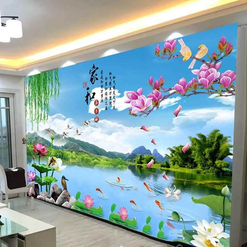 客厅沙发背景墙装饰画横版山水风景自粘画防水防潮哑膜平面墙壁纸图片