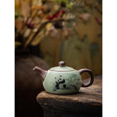 汝窑熊猫茶壶茶杯单壶陶瓷开口片可升冰裂釉家庭办公大容量功夫茶