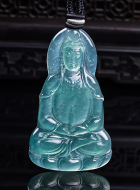 天然真品翡翠高冰种蓝水天空蓝满色高端精品闪拍观音玉吊坠6.74g