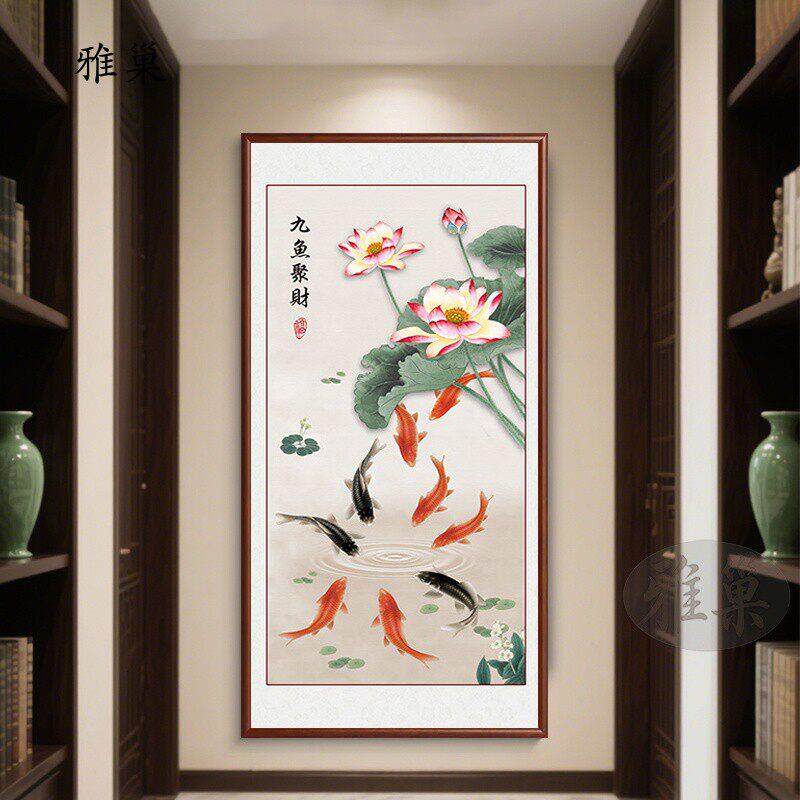 九鱼聚财入户玄关装饰画 画新中式荷花九鱼图走廊过道楼梯寓意好
