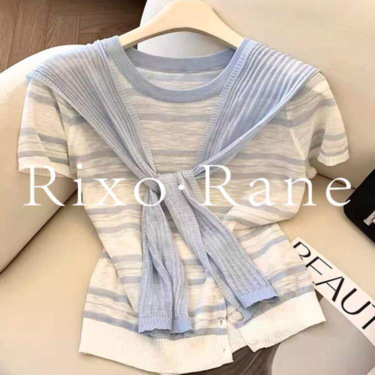 法国Rixo Rane 披肩条纹短袖针织衫女夏季正肩百搭舒适甜美上衣