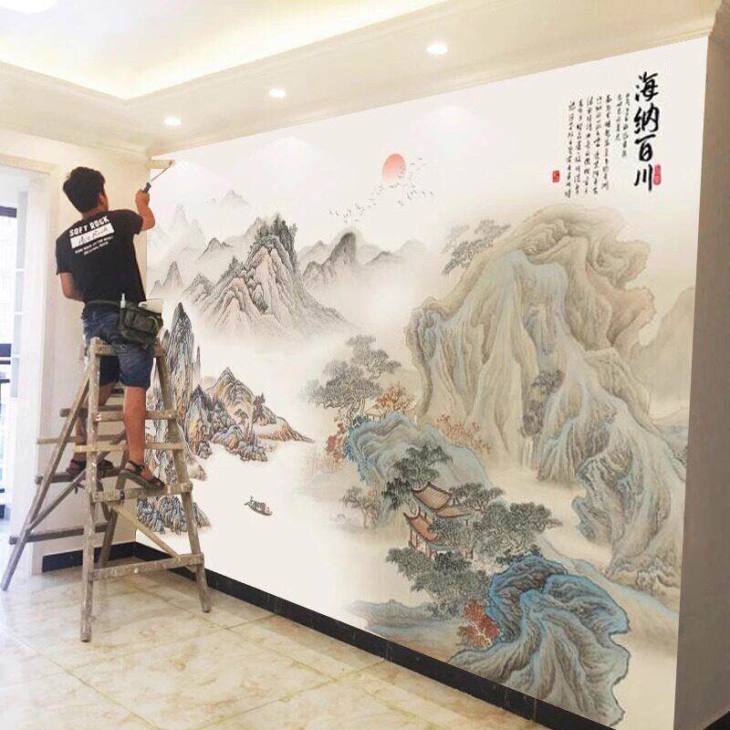 2025壁纸中式立体山水画电视背景墙壁纸客厅海纳百川墙贴定制壁画