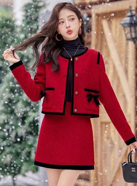 红色ZYA1375J香秋风套小装女冬蝶新款高端气质千金亮丝蝴结短裙两