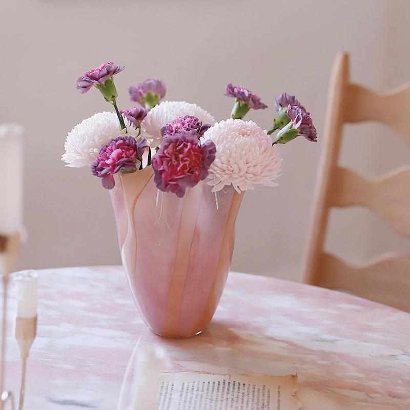 轻奢粉色中古花边玻璃花瓶摆件高级感客厅桌面插花装饰样板间摆设