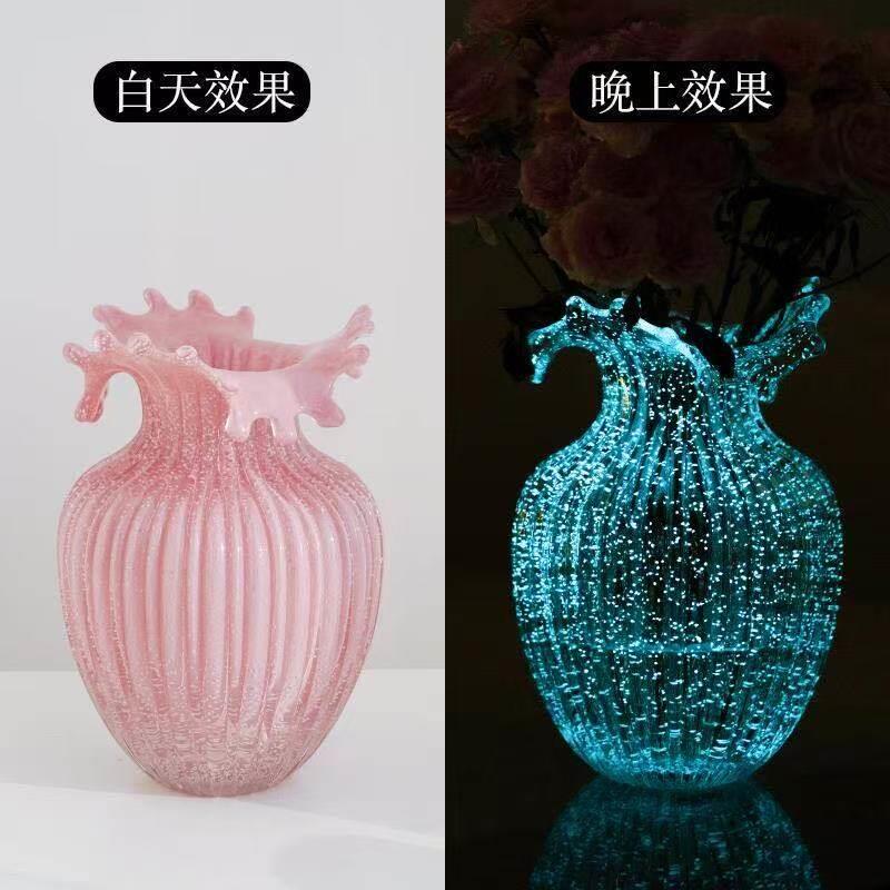 中古夜光波浪花琉璃花瓶摆件轻奢高级感客厅桌面水养插花装饰花器