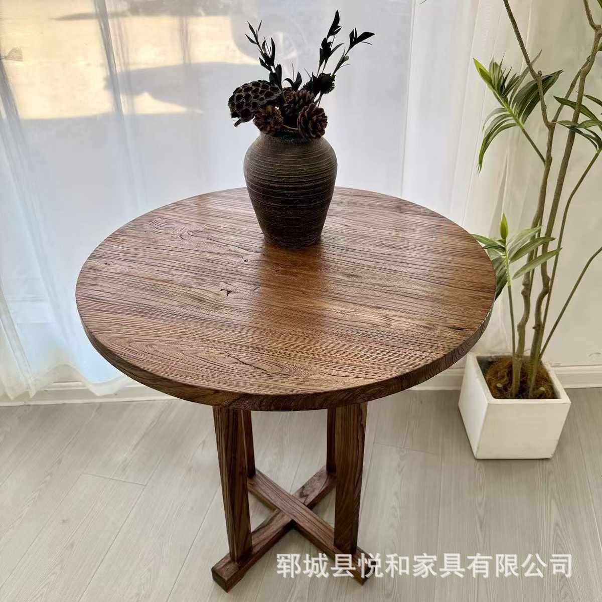 老榆木茶桌实木休闲桌民宿咖啡厅原木餐桌简约中式复古怀旧实木桌