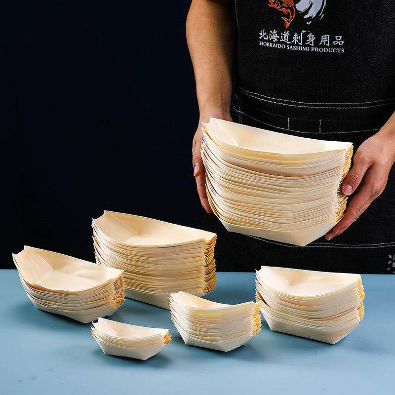 一次性木皮船日式料理刺身点心寿司船章鱼小丸子冷菜船形舟纸船盒