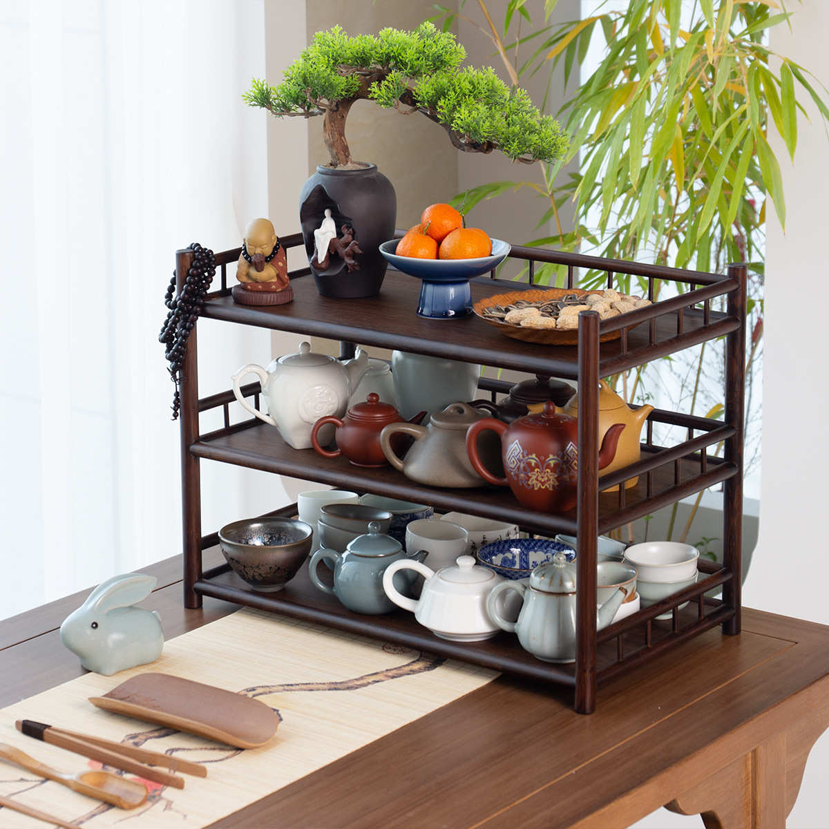 楠竹三层杯架紫砂壶收纳架几柜摆放架茶叶架展示架大号三层听风