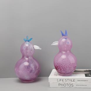 现代简约粉色琉璃鸟动物雕塑摆件电视柜样板间客厅酒店家居装饰品