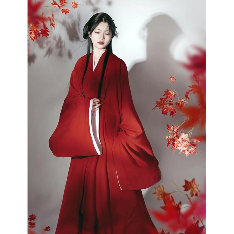 魏晋风汉服女红色交领大袖侠客古风古装舞蹈演出服战 国袍2025新