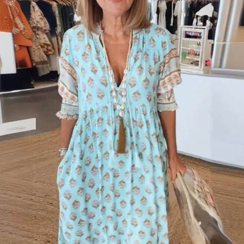 Printed lantern sleeves high waisted big swing dress for