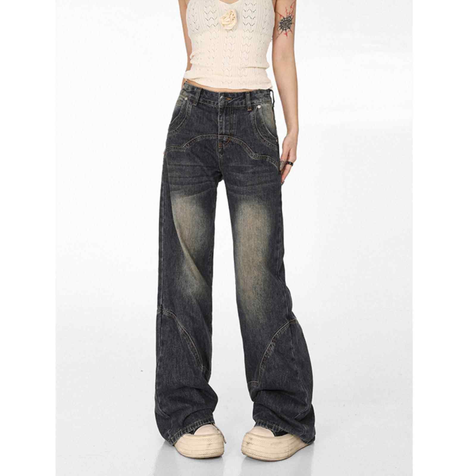 美式复古蓝微喇牛仔裤女秋季新款高腰遮胯直筒裤修身窄版拖地长裤