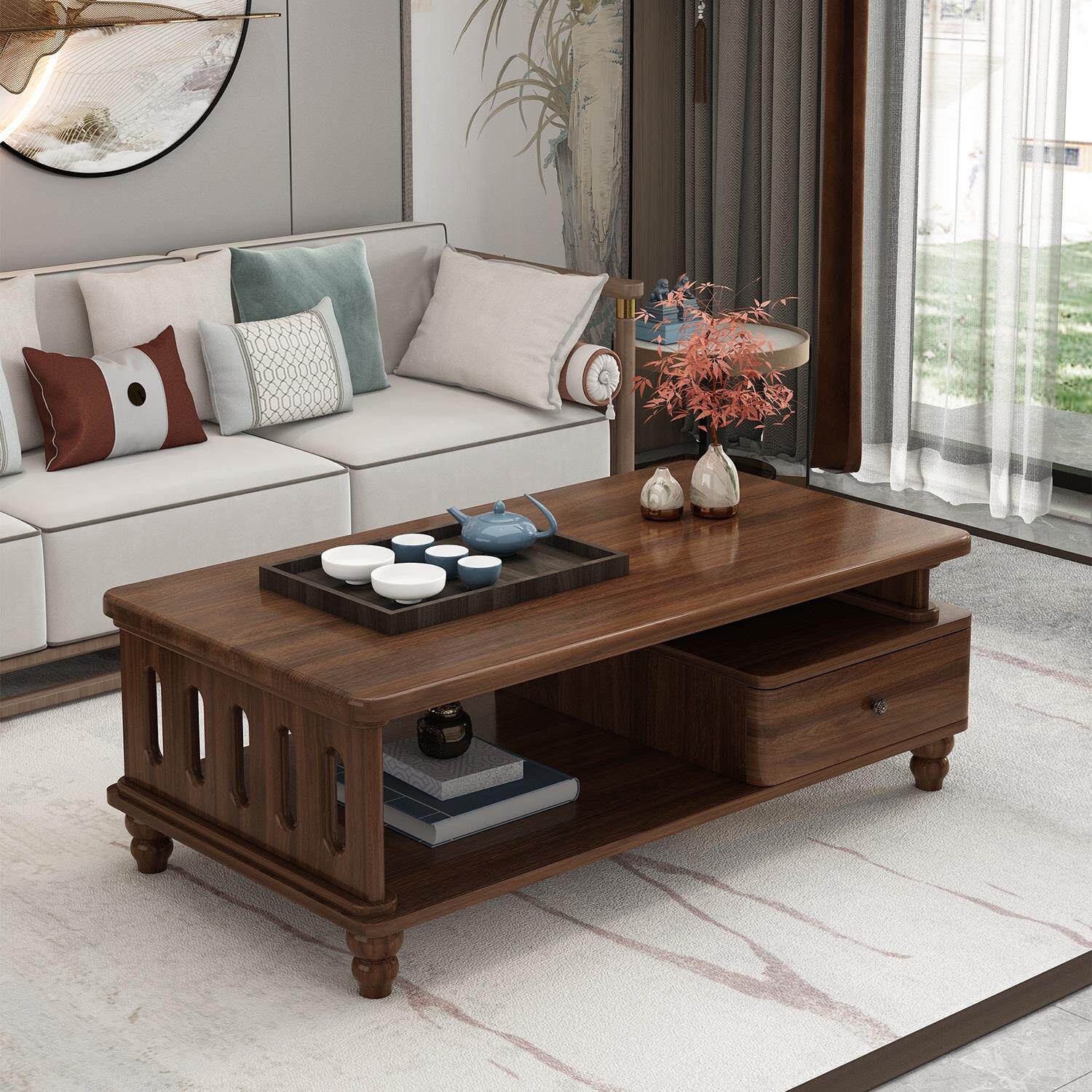 简约全实木茶几客厅家用电视柜组合带抽屉小户型中式原木创意茶w&