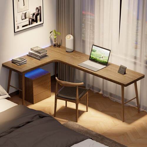 实木转角书桌书架原木双人电脑桌家用拐角长条桌l型工作台写字桌