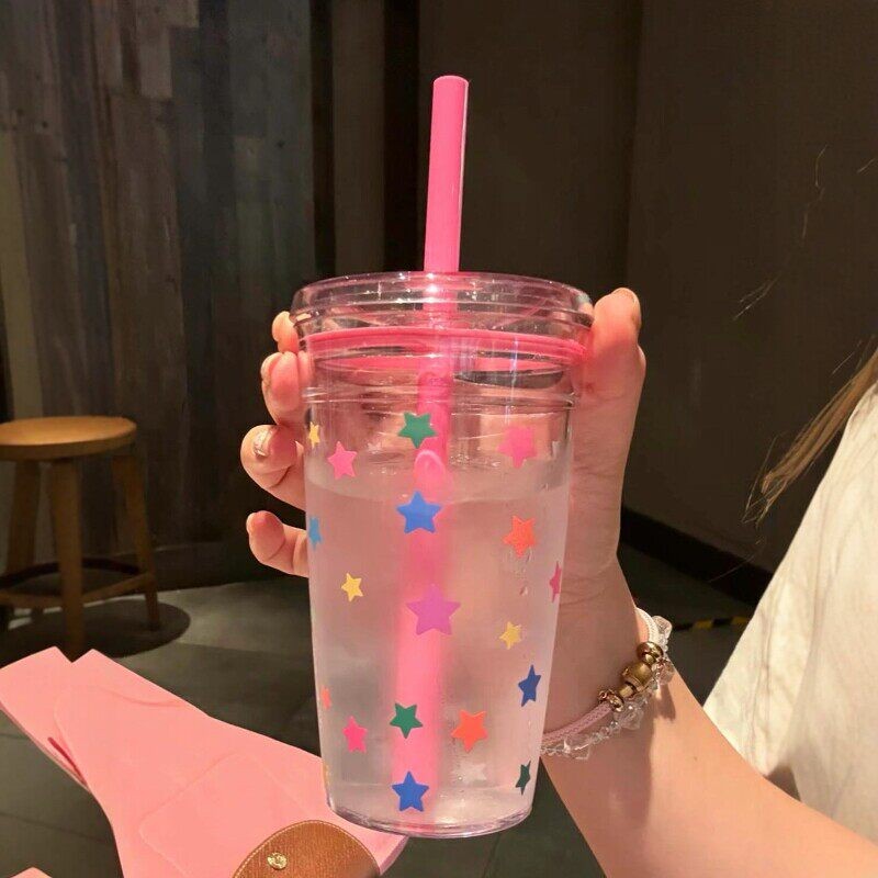 可爱星星玻璃杯带盖女高颜值牛奶杯吸管杯2026新款高端特别好看