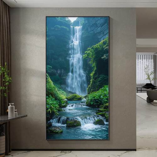 溥畔年 流水生财入户玄关装饰画走廊过道正对门挂画源远流长山水