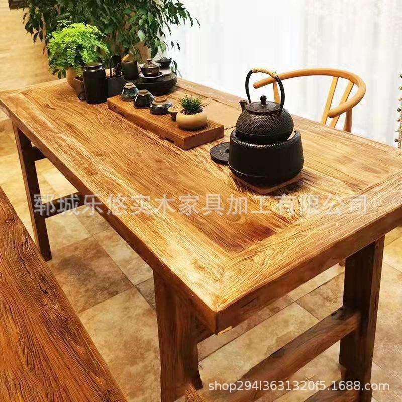 老榆木茶桌复古餐桌做旧原木板长条茶台民宿禅意桌椅中式喝茶桌