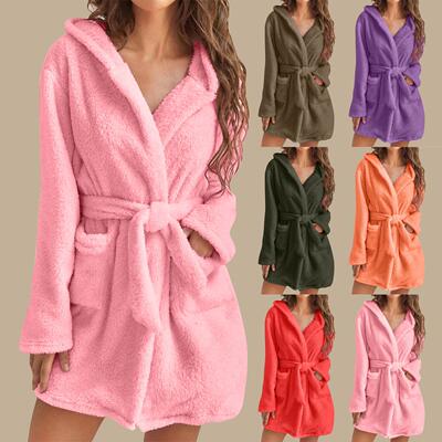 Plush pajamas hooded home warm bathrobe for women