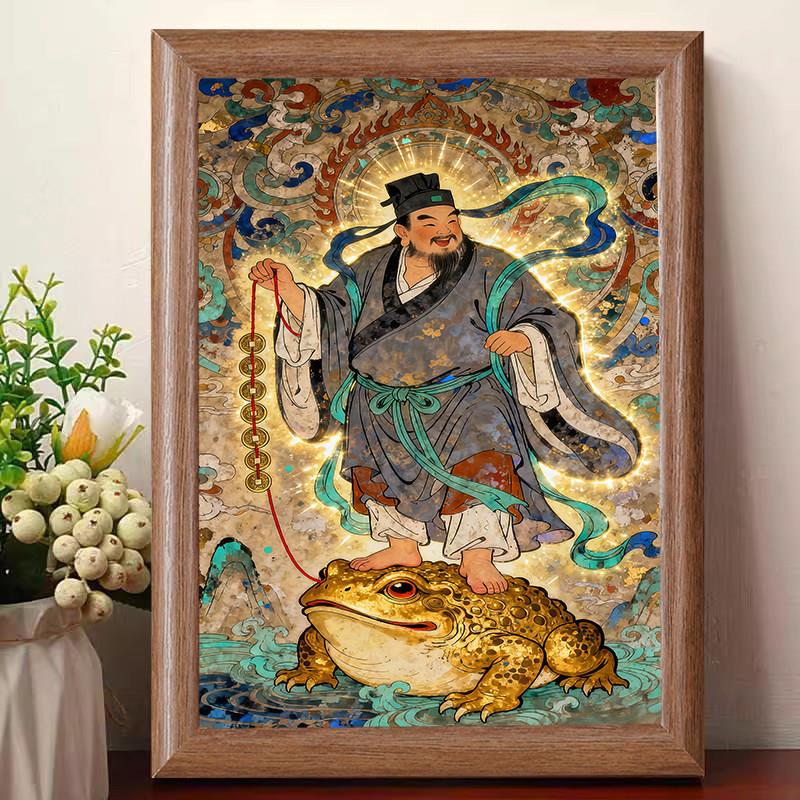 新中式刘海戏金蟾画像摆台西北财神爷童子招财客厅玄关装饰摆件