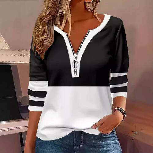 Women's collar striped zipper long sleeved T-shirt for