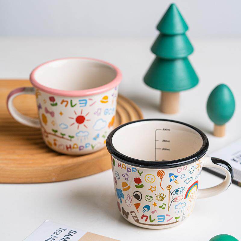 可爱儿童杯子马克杯陶瓷喝水杯家用刻度牛奶杯微波炉可加热早餐杯