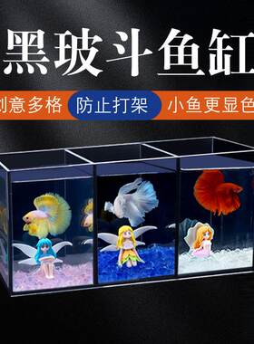 斗鱼缸桌面创意多格黑玻防打架促发色免换水斗鱼连体桌面超白鱼缸
