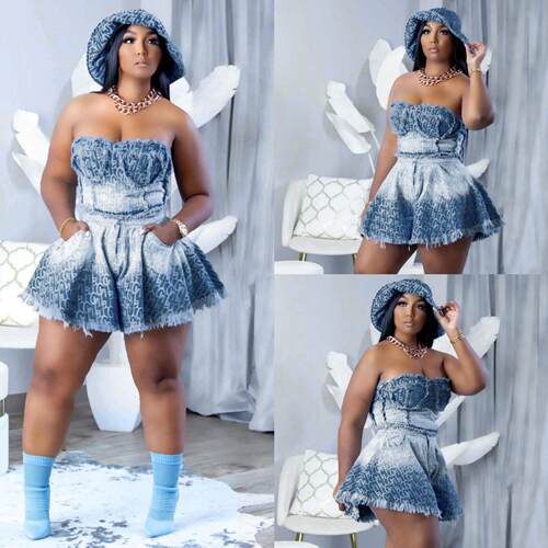 Lovely Lady Denim Skirt Outfit Set - Fitted Sleeveless Y2K