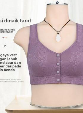 中老年前扣蕾丝边薄款背心式大码文胸无钢圈内衣女全罩杯妈妈胸罩