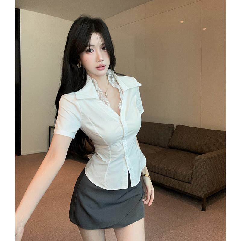 足浴工作服技师女蕾丝领白衬衫职业装女职场性感秘书气质套装